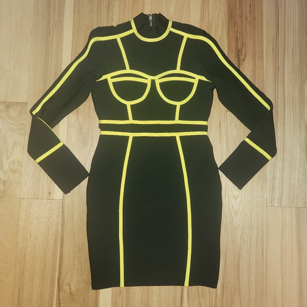 Ms Circle Black and Yellow Long Sleeve Mock Neck Bodycon Dress Bandage Dress